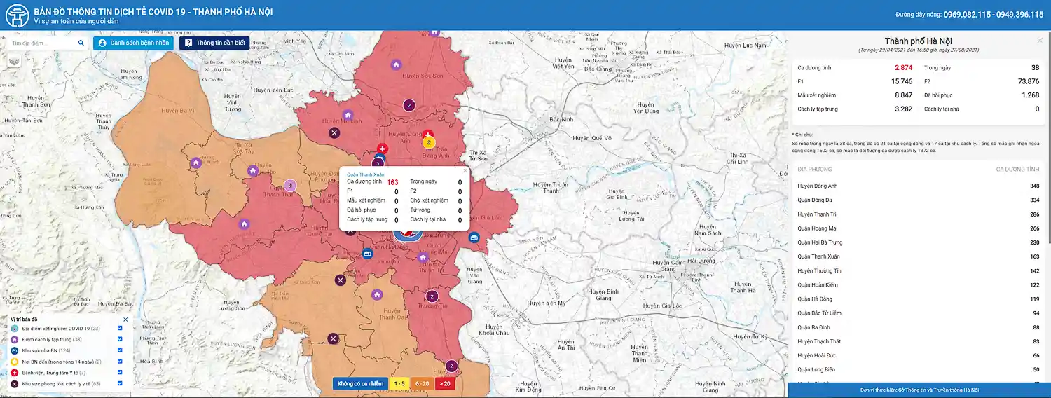 covidmaps.hanoi.gov.vn - Bản đồ thông tin dịch tễ Covid19, Thành phố Hà Nội